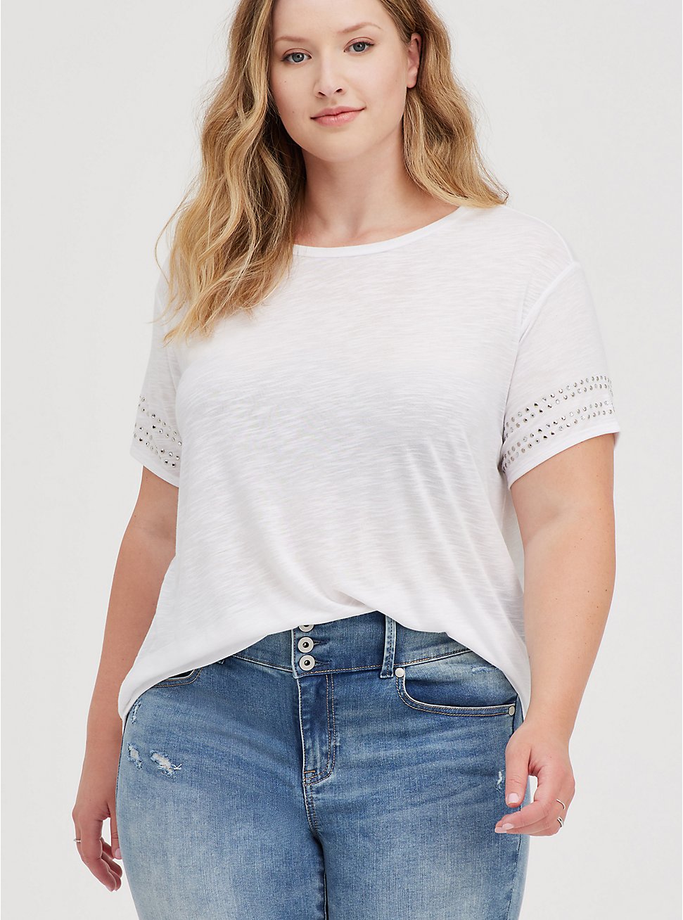 Plus Size Drop Shoulder Studded Tee - White, BRIGHT WHITE, hi-res