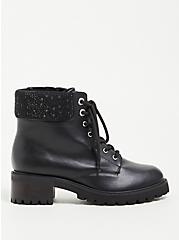 Embellished Cuff Combat Boot - Faux Leather Black (WW), BLACK, alternate