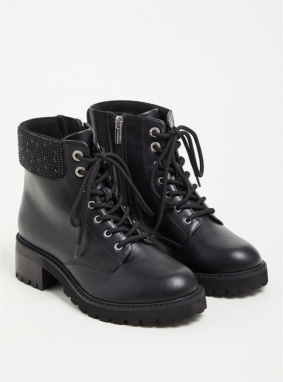Embellished Cuff Combat Boot - Faux Leather Black (WW), BLACK, hi-res