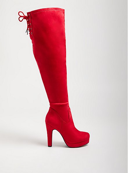 Plus Size Over-The-Knee Heel Boot - Stretch Faux Suede Red (WW), RED, alternate