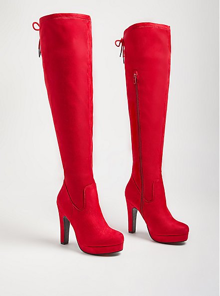 Plus Size Over-The-Knee Heel Boot - Stretch Faux Suede Red (WW), RED, hi-res