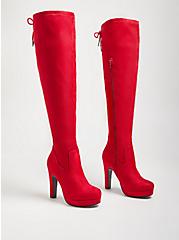 Over-The-Knee Heel Boot - Stretch Faux Suede Red (WW), RED, hi-res