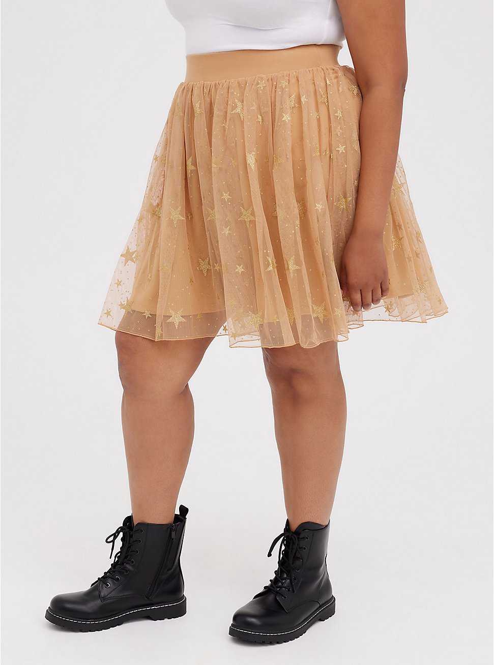 Skater Mini Skirt - Tulle Star Brown & Gold, STARS - GOLD, hi-res