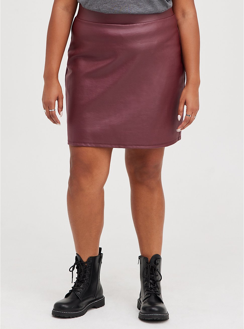 Plus Size High Waist Mini Skirt - Coated Ponte Burgundy, ZINFANDEL, hi-res