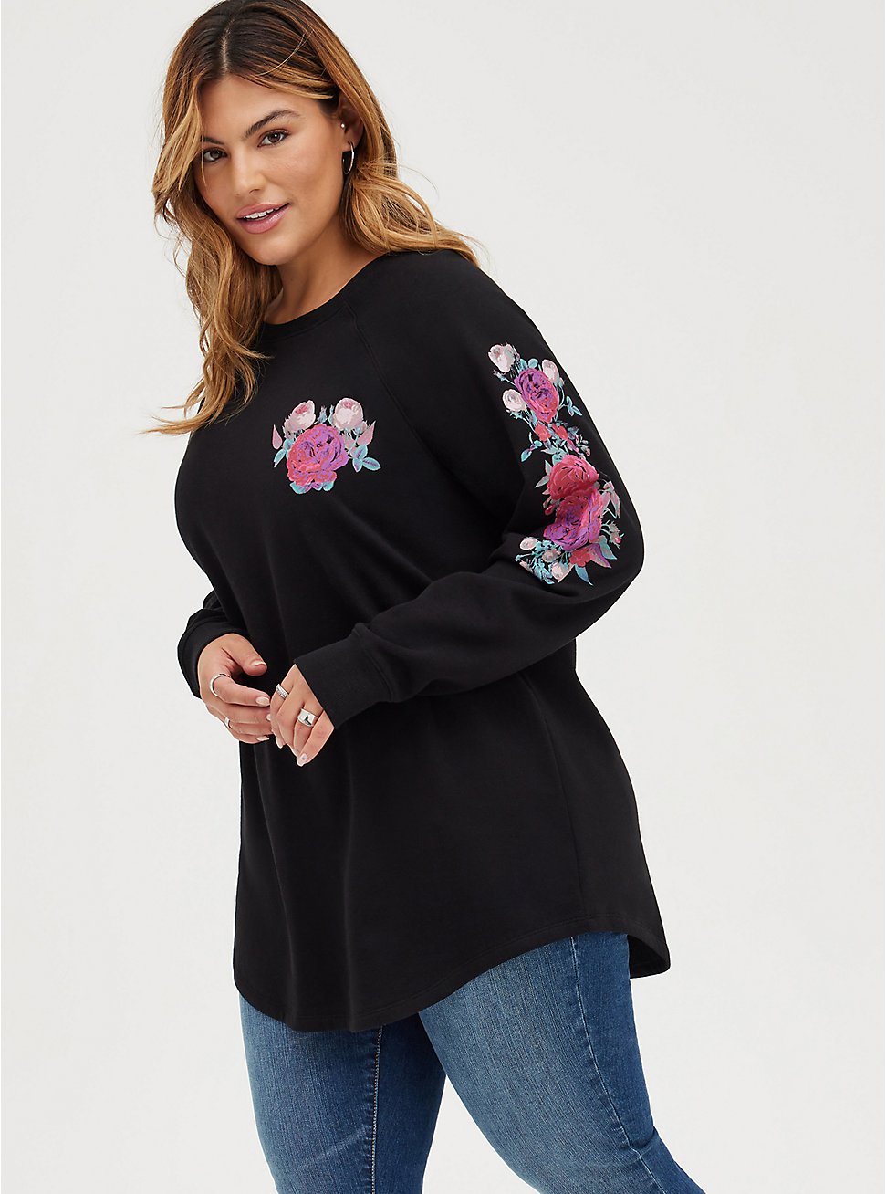 Tunic Sweatshirt - Cozy Fleece Floral Black, DEEP BLACK, hi-res