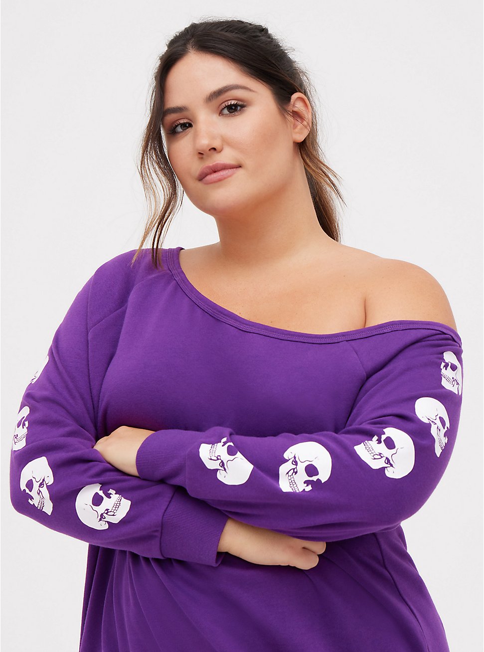 Off Shoulder Sweatshirt - Cozy Fleece Skulls Purple, PURPLE, hi-res