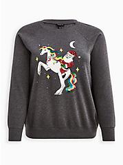 Raglan Sweatshirt - Cozy Fleece Santa Unicorn Grey, CHARCOAL, hi-res