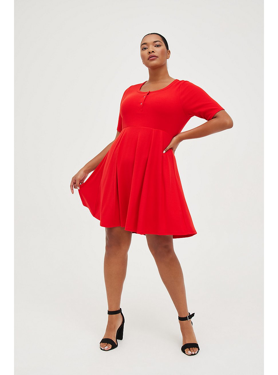 Plus Size Ribbed Skater Dress - Red, RED, hi-res