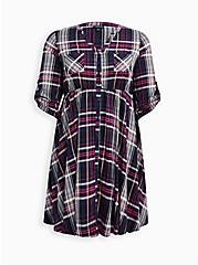 Plus Size Shirt Dress - Stretch Challis Plaid Pink & Blue, PLAID - MULTI, hi-res