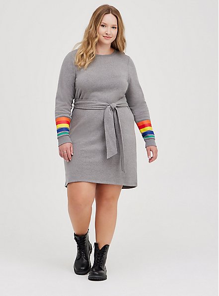 Shift Dress - Cozy Fleece Rainbow Cuffed Grey, GREY, alternate
