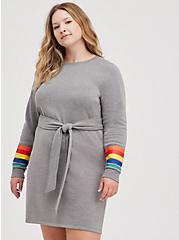 Plus Size Shift Dress - Cozy Fleece Rainbow Cuffed Grey, GREY, hi-res