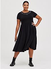 Plus Size Embellished Neck Skater Midi Dress - Knit Black, DEEP BLACK, hi-res