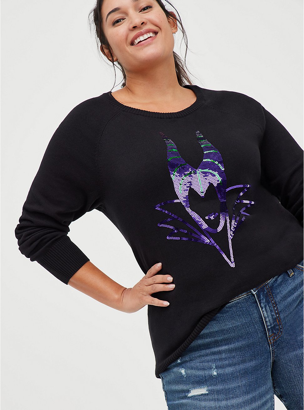 Plus Size Embellished Sweater - Disney Villains Maleficent  , DEEP BLACK, hi-res
