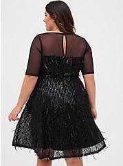 Illusion Sleeve Skater Dress - Sequin Fringe Black, DEEP BLACK, alternate