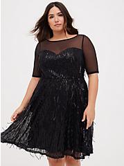 Plus Size Illusion Sleeve Skater Dress - Sequin Fringe Black, DEEP BLACK, alternate