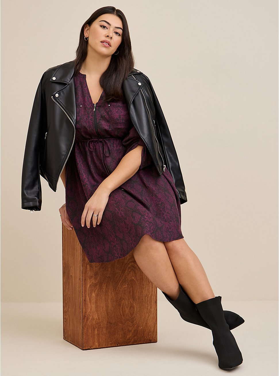 Mini Brushed Rayon Zip-Front Shirt Dress, BLACK SNAKE, hi-res