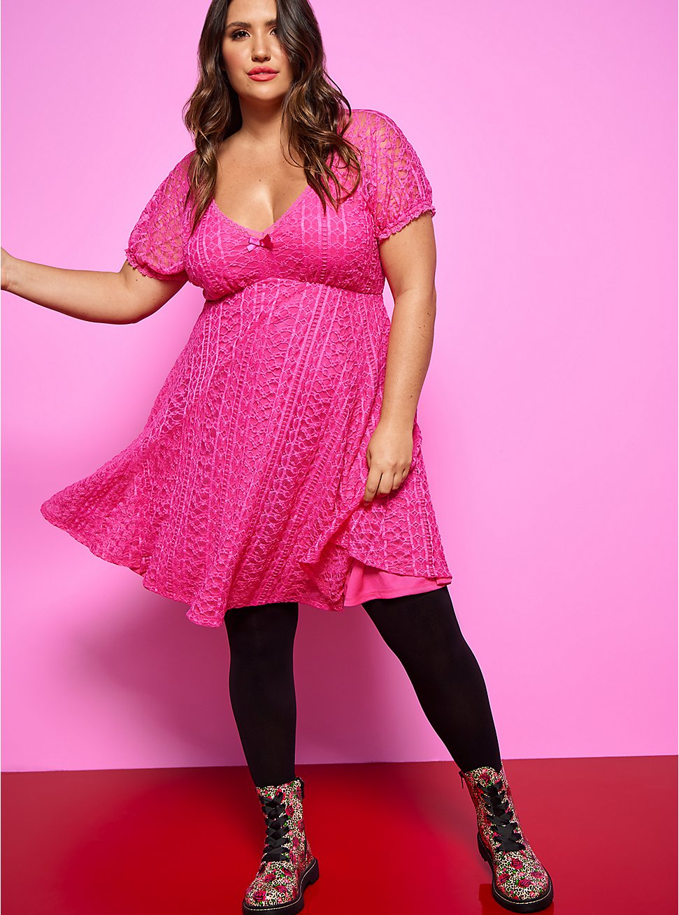 Plus Size Betsey Johnson Fit & Flare Puff Sleeve  Mini Dress - Pink, PINK GLO, hi-res