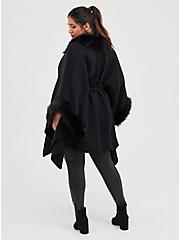 Plus Size Faux Fur Trim Belted Ruana - Black, , alternate