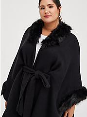 Plus Size Faux Fur Trim Belted Ruana - Black, , alternate