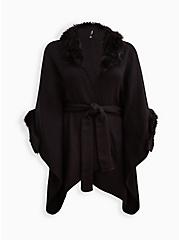 Plus Size Faux Fur Trim Belted Ruana - Black, , hi-res