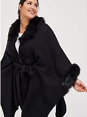 Plus Size Faux Fur Trim Belted Ruana - Black, , hi-res