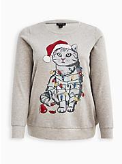 Sweatshirt - Cozy Fleece Holiday Cat Light Up Grey, MEDIUM HEATHER GREY, hi-res