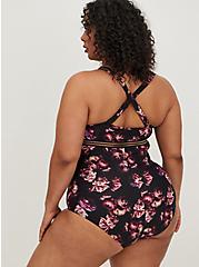 Plus Size One Piece Triangle Swimsuit - Mesh Rose Print, MIDNIGHT ROSES, alternate