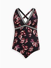 One Piece Triangle Swimsuit - Mesh Rose Print, MIDNIGHT ROSES, hi-res
