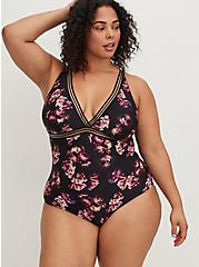 Plus Size One Piece Triangle Swimsuit - Mesh Rose Print, MIDNIGHT ROSES, hi-res