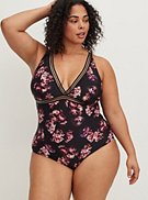 One Piece Triangle Swimsuit - Mesh Rose Print, , hi-res