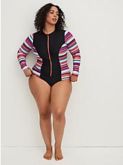 Plus Size One Piece Rashguard Active Swimsuit - Stripe, SUNSET STRIPE, alternate