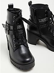 Chunky Lug Heel Bootie - Faux Leather Embellished Black (WW), BLACK, alternate