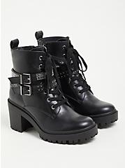 Chunky Lug Heel Bootie - Faux Leather Embellished Black (WW), BLACK, hi-res
