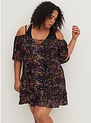 Plus Size Lace-Up Cold Shoulder Coverup Dress - Star Print, STAR LAYERS, alternate