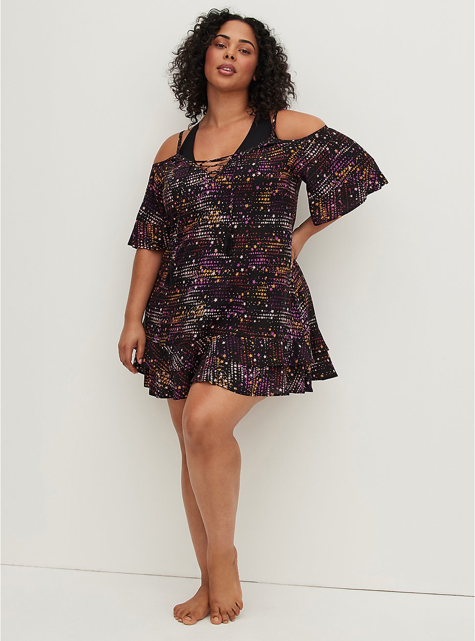 Lace-Up Cold Shoulder Coverup Dress - Star Print, STAR LAYERS, hi-res