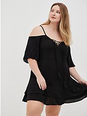 Cold Shoulder Swim Coverup Dress - Black, DEEP BLACK, alternate