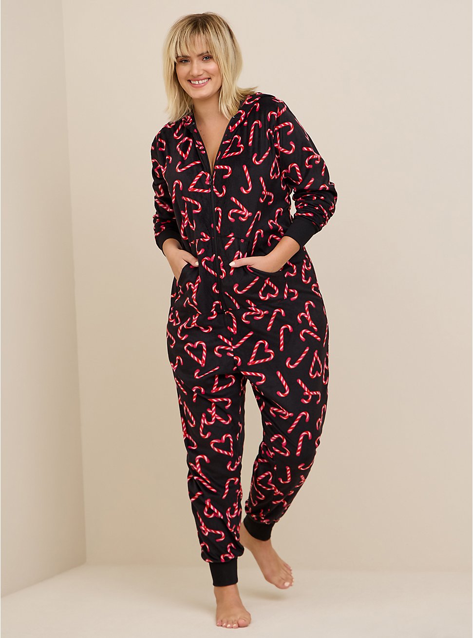 Fleece Full Length Lounge Onesie, CANDY CANES, hi-res