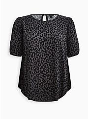 Ruched Sleeve Blouse - Textured Crepe Leopard Black, LEOPARD-BLACK, hi-res