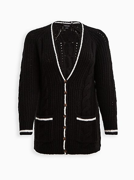 Raglan Cable Button Front Cardigan Sweater - Black, DEEP BLACK, hi-res