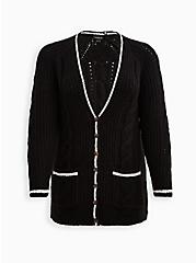 Plus Size Raglan Cable Button Front Cardigan Sweater - Black, DEEP BLACK, hi-res