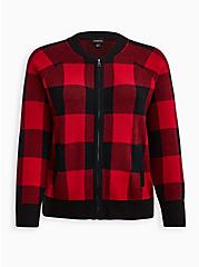 Cardigan Zip Up Bomber Sweater, RED PLAID, hi-res