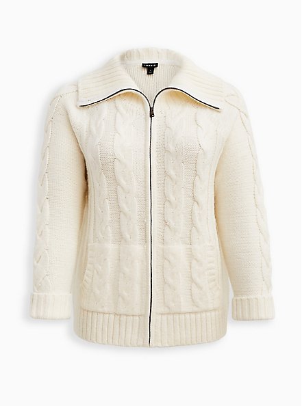 Plus Size Chunky Cable Zip Up Shawl Sweater Jacket - Ivory, MARSHMALLOW, hi-res