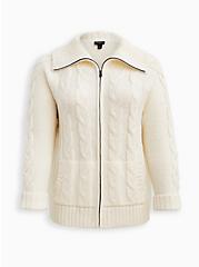 Plus Size Chunky Cable Zip Up Shawl Sweater Jacket - Ivory, MARSHMALLOW, hi-res