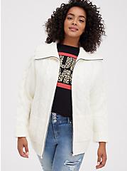 Chunky Cable Zip Up Shawl Sweater Jacket - Ivory, MARSHMALLOW, hi-res