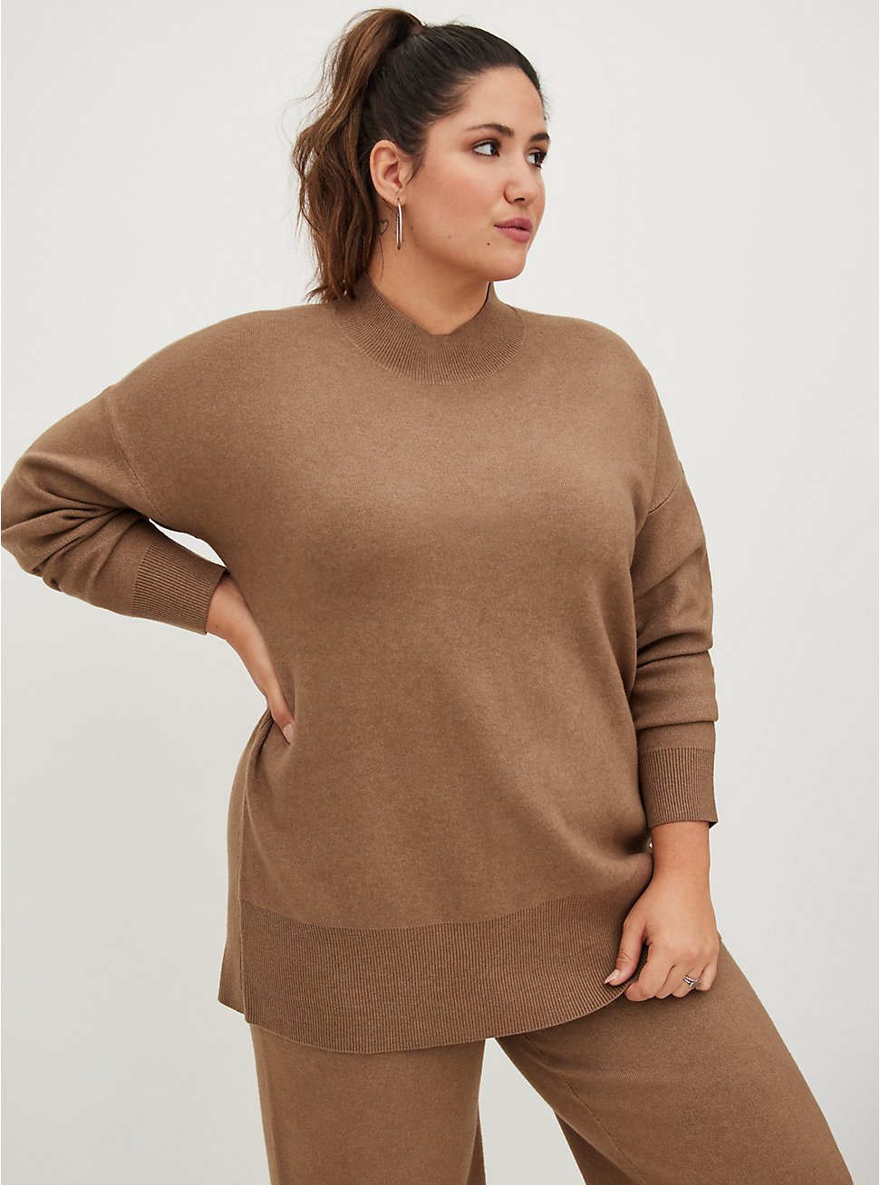 Everyday Plush Pullover Mock Neck Tunic Sweater, BEIGE, hi-res