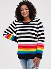 Plus Size Crew Pullover Sweater - Fuzzy Yarn Stripe Rainbow, STRIPE - MULTICOLOR, hi-res