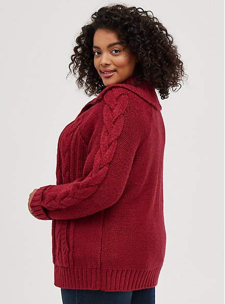 Chunky Cable Zip Up Shawl Sweater Jacket - Deep Red, RUMBA RED, alternate