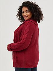 Plus Size Chunky Cable Zip Up Shawl Sweater Jacket - Deep Red, RUMBA RED, alternate