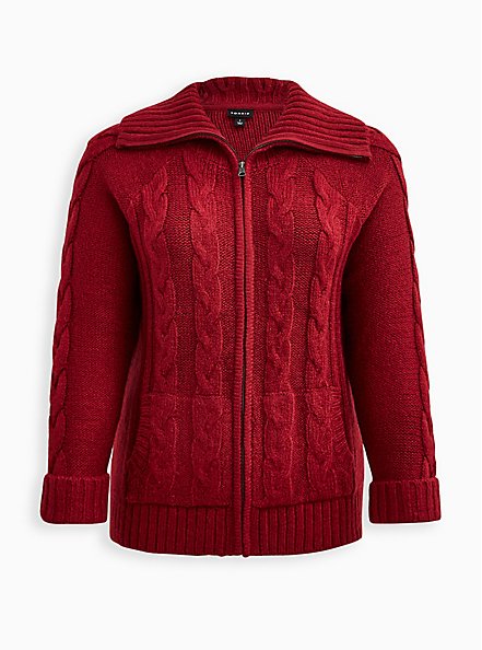 Chunky Cable Zip Up Shawl Sweater Jacket - Deep Red, RUMBA RED, hi-res