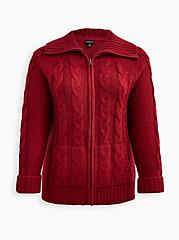 Plus Size Chunky Cable Zip Up Shawl Sweater Jacket - Deep Red, RUMBA RED, hi-res